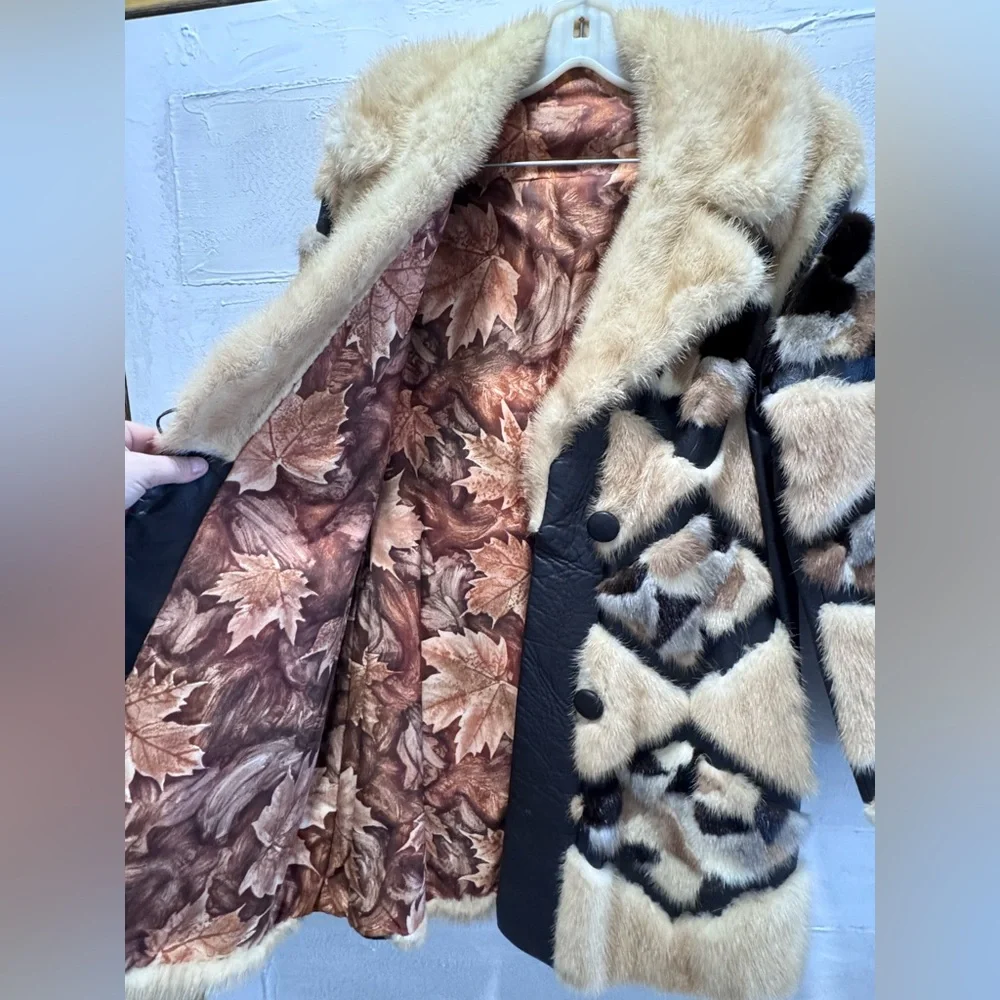 Vintage Mink Fur Patchwork Coat Leather Chevron Luxe Statement Jacket M - Picture 4 of 11